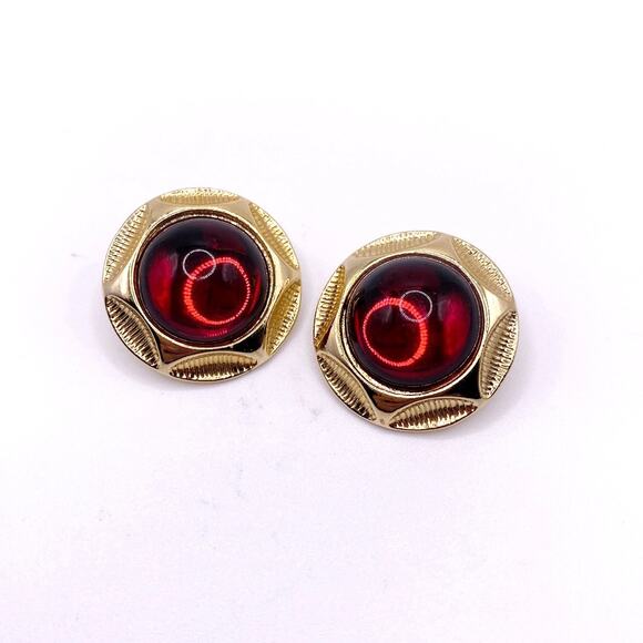 M Jent Signed Pierced Vintage Earrings with Red Glass Cabochon - Picture 4 of 6